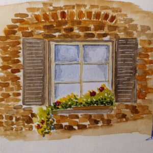 "Acuarela personalizada de ventana familiar como recuerdo"